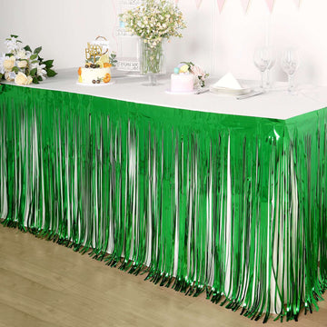 30"x9ft Green Metallic Foil Fringe Table Skirt, Self Adhesive Tinsel Table Skirt