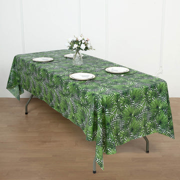 54"x108" Green Tropical Leaf Plastic Rectangle Tablecloth, Waterproof Disposable PVC Table Cover