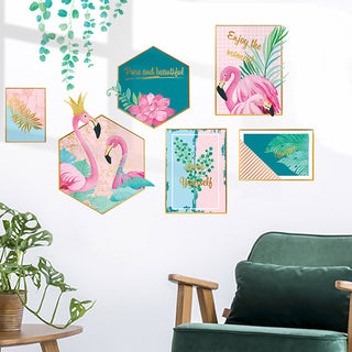 Brighten Up Your Walls with Green Tropical Palm Leaves and Flamingo Flat Frame Wall Decals
