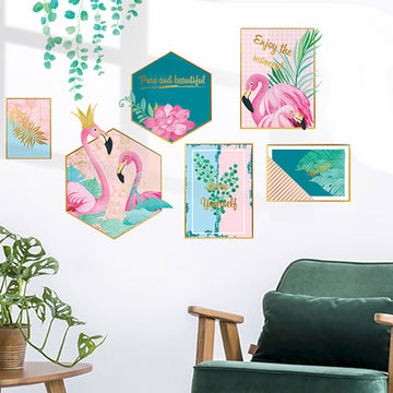 Green Tropical Palm Leaves and Flamingo Flat Frame Wall Decals, Decor Stickers
