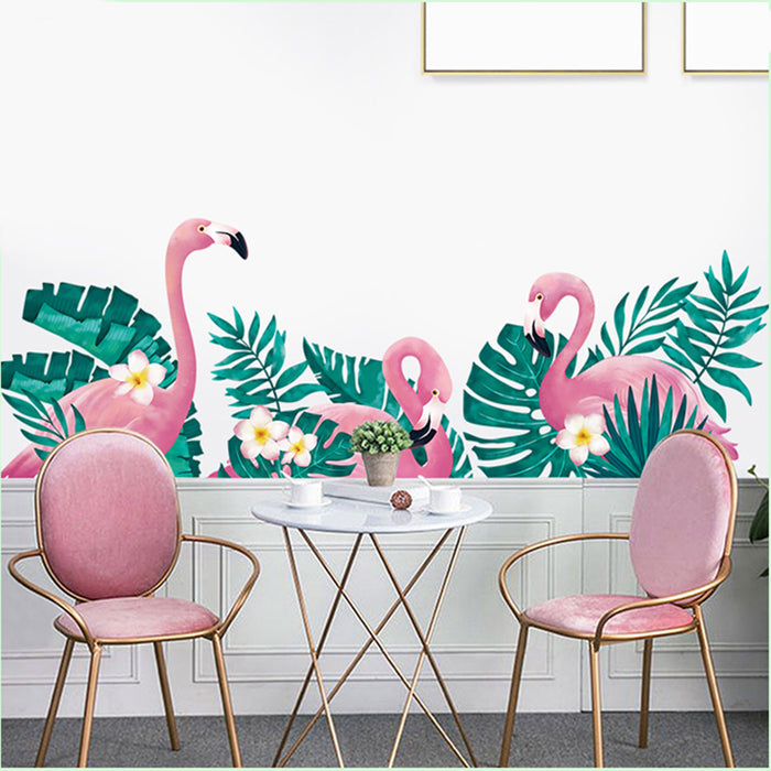 Green Tropical Palm Leaves & Flamingo Wall Decals, Peel Removable Stickers