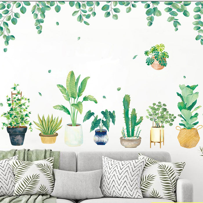Green Tropical Potted Plants/Planters with Hanging Leaves Wall Decals, Peel & Stick Decor Stickers