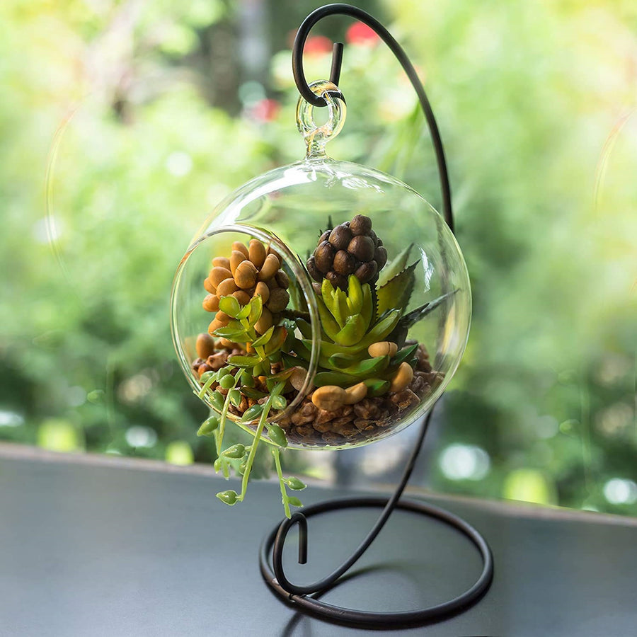 2 Pack | 10inch Tall Black Metal Air Plant Terrarium Stand, Hanging Ornament Display Holder