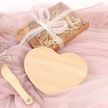 Heart Shaped Bamboo Brie Cheese Board and Knife Set Party Favor with Clear Gift Box, Ribbon & Thank You Tag
