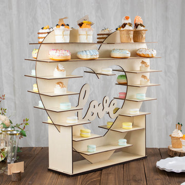 26" Heart Shaped 8-Layer Double Sided Wooden Cupcake Shelf Rack, Natural "Love" Table Dessert Display Stand