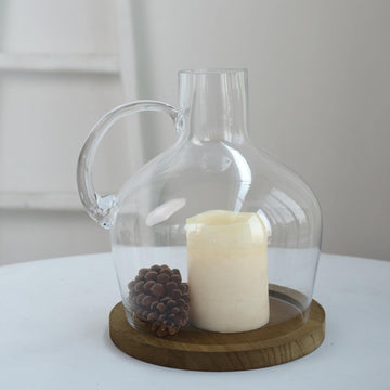 10" Heavy Duty Clear Glass Vases Candle Holder Centerpiece, Cloche Jar Dome With Wooden Base