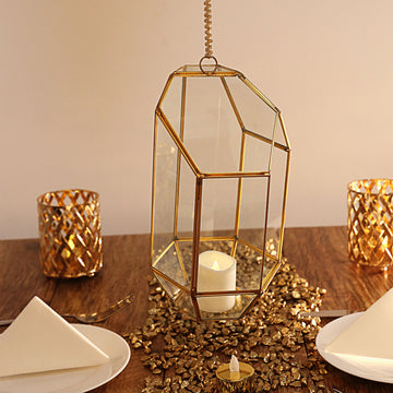 10" Heptagon Prism Gold Metal Geometric Glass Terrarium, Multipurpose Air Plants Holder