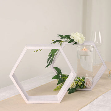 2 Pack | 9" Hexagon Whitewashed Wood Centerpiece, Geometric Terrarium, Honeycomb Storage Shelf