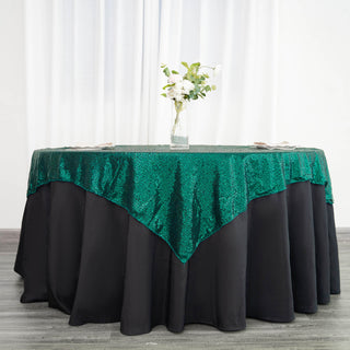 Make a Statement with the 60"x60" Hunter Emerald Green Duchess Sequin Square Table Overlay