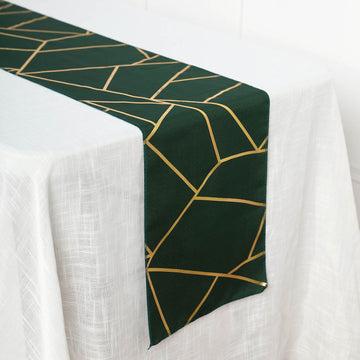 9ft | Hunter Emerald Green / Gold Foil Geometric Pattern Polyester Table Runner