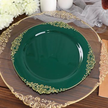10 Pack 10" Hunter Emerald Green Plastic Party Plates With Gold Leaf Embossed Baroque Rim, Round Disposable Dinner Plates