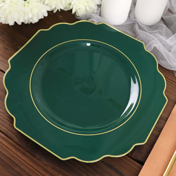 10 Pack 11" Hunter Emerald Green Hard Plastic Dinner Plates, Disposable Tableware, Baroque Heavy Duty Plates with Gold Rim