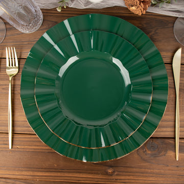 10 Pack | 9" Hunter Emerald Green Heavy Duty Disposable Dinner Plates with Gold Ruffled Rim, Hard Plastic Dinnerware