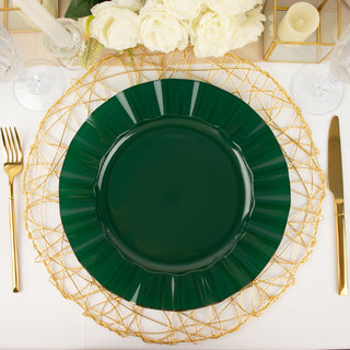 Elegant Hunter Emerald Green Disposable Dinner Plates with Gold Ruffled Rim