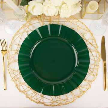 10 Pack 11" Hunter Emerald Green Disposable Dinner Plates With Gold Ruffled Rim, Round Plastic Party Plates