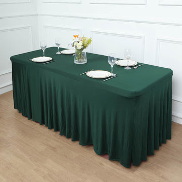 6ft Hunter Emerald Green Wavy Spandex Fitted Rectangle 1-Piece Tablecloth Table Skirt, Stretchy Table Skirt Cover with Ruffles