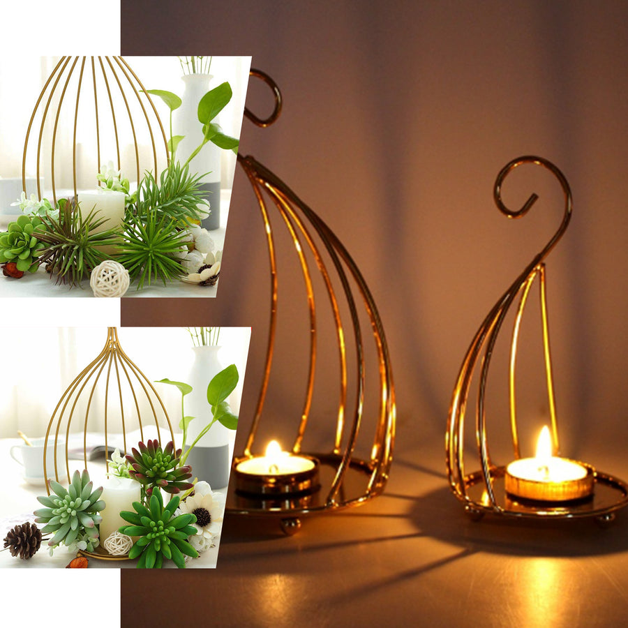 Set of 3 | Gold Metal Hanging Wrought Iron Candle Holder Stands, Bird Cage Style Centerpieces