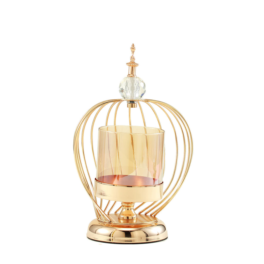 12inch Gold Metal Cage Amber Glass Votive Candle Holder With Crystal Baroque Top