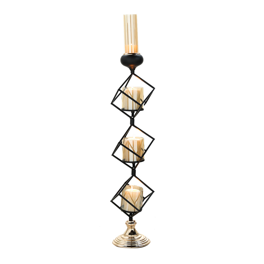 Tall 3-Tier Stacked Black Geometric Candle Holder with Amber Glass Votives & Gold Trim#whtbkgd