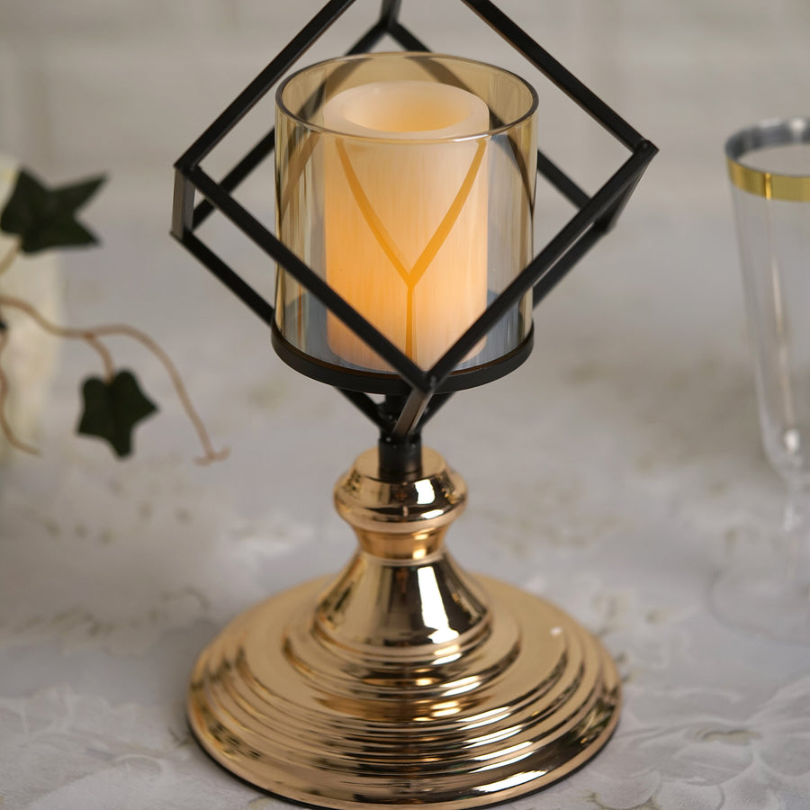 28inch Tall 3-Tier Stacked Black Geometric Candle Holder with Amber Glass Votives & Gold Trim