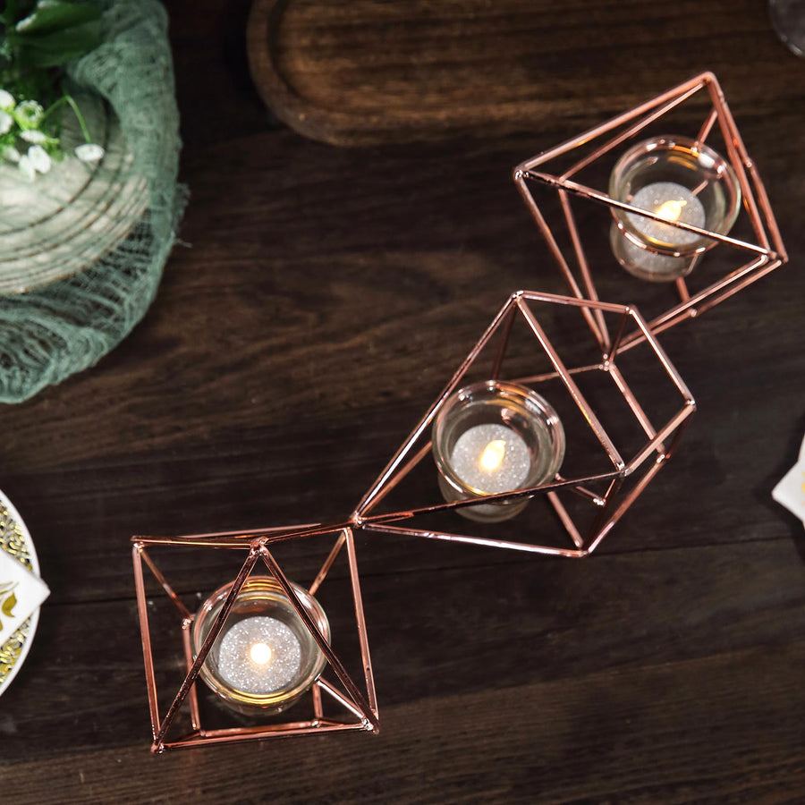 16" Rose Gold Geometric Candle Holder Set | Linked Metal Geometric Centerpieces with Votive Glass Holders