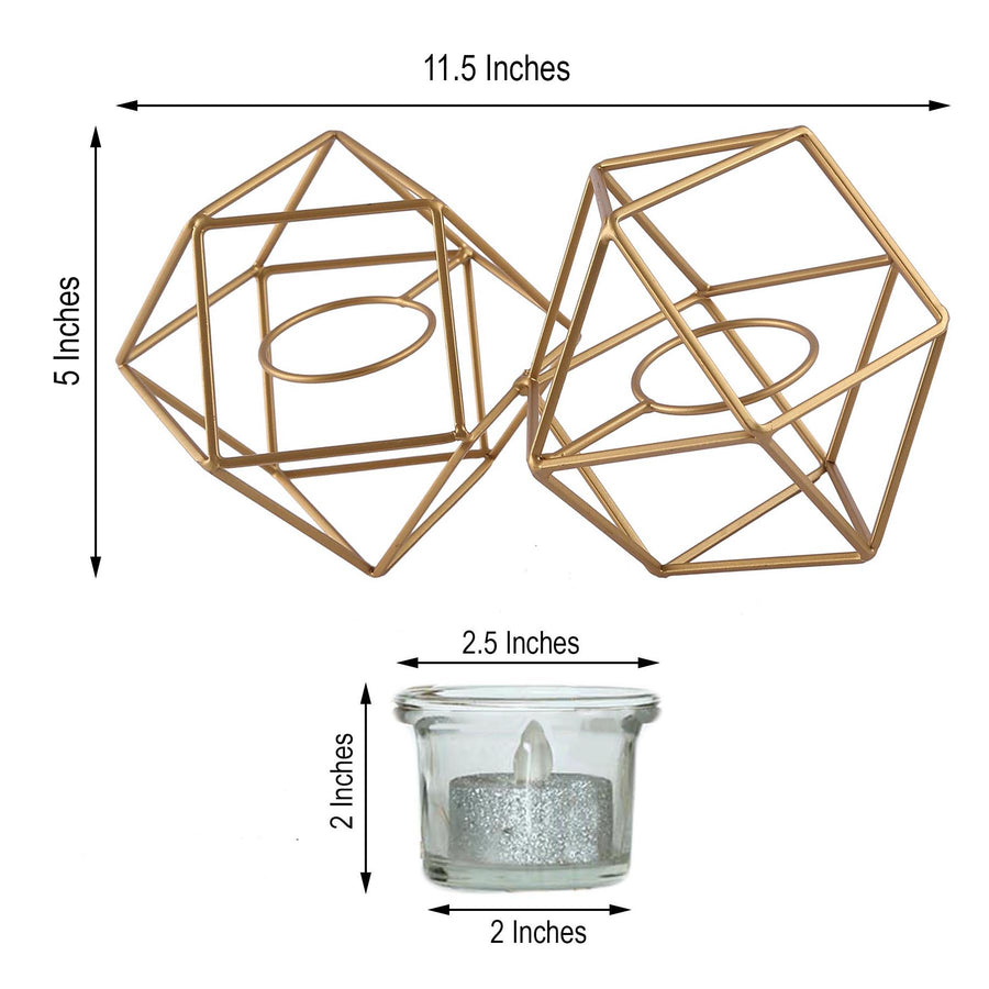 11Inch Long Gold Linked Geometric Tealight Candle Holder Set With Votive Glass Holders