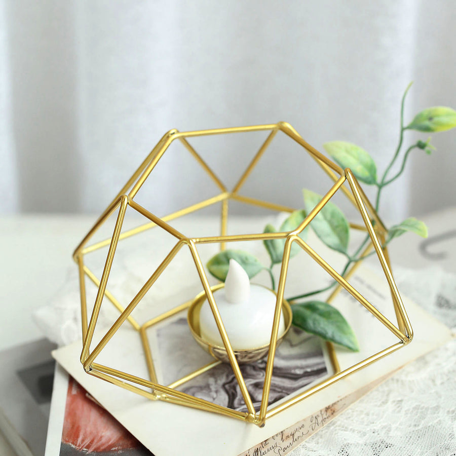 Set of 2 | Gold Metal Hexagon Candle Holder Set, Geometric Table Centerpiece