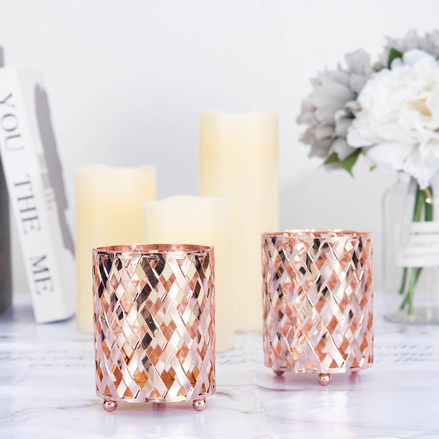 2 Pack | 4inch Blush / Rose Gold Metal Diamond Cut Votive Candle Holders