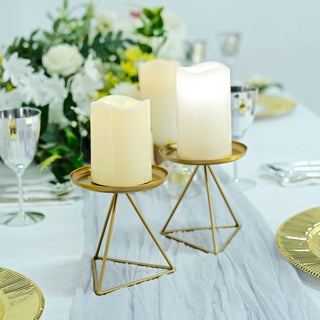 Elegant Gold Metal Triangle Base Pillar Candle Holder Stands