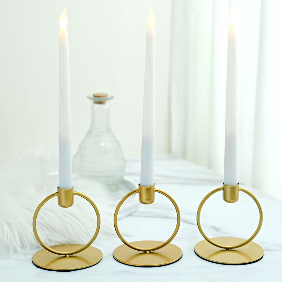 3 Pack | 4Inch Gold Metal Ring Frame Taper Candle Holder Stands, Geometric Table Centerpieces