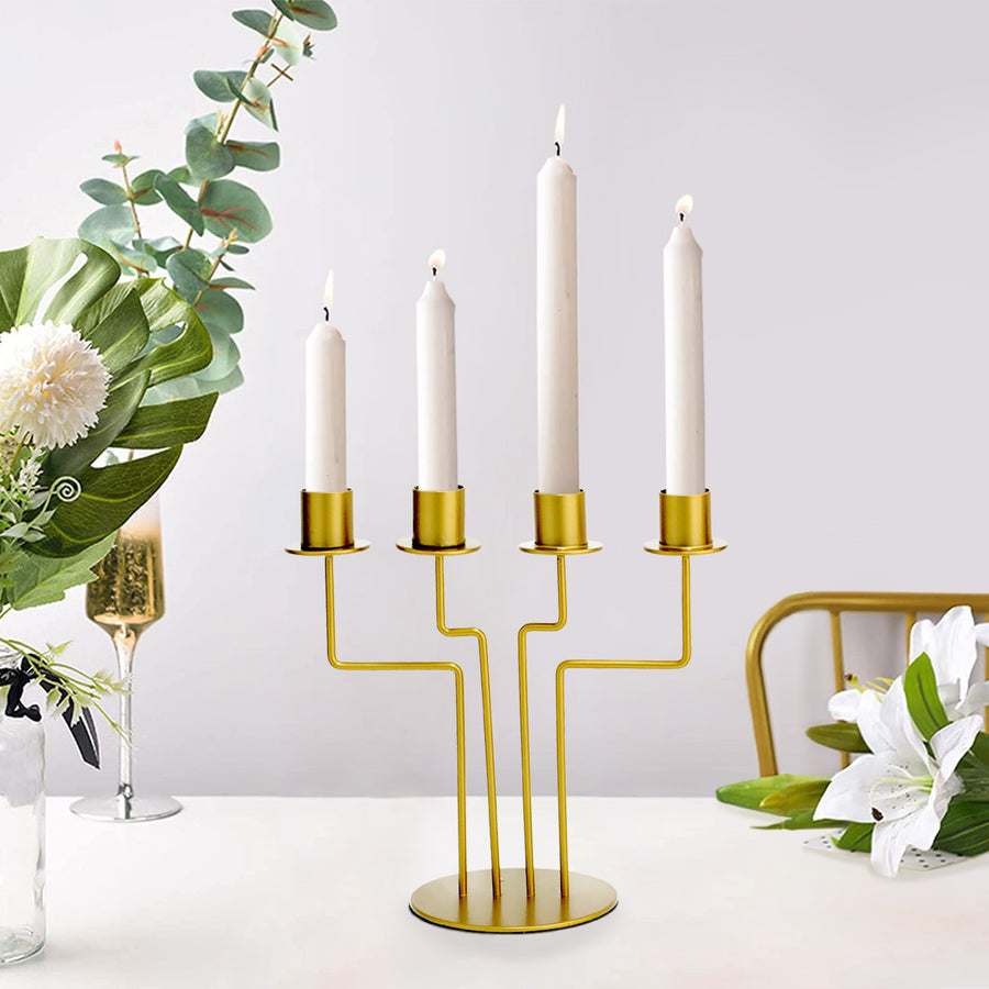 2 Pack | 4 Arm Gold Metal Geometric Taper Candle Candelabra Holder Centerpiece - 8inch