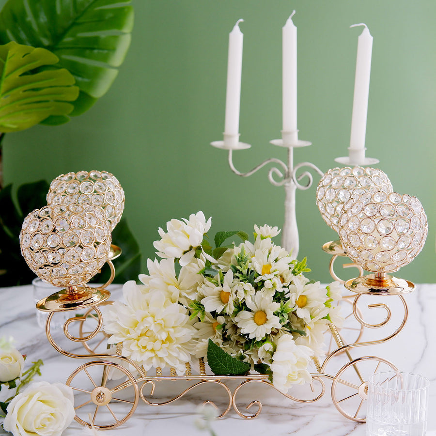 18inch Gold Metal 4-Arm Crystal Cinderella Carriage Candle Holder Centerpiece
