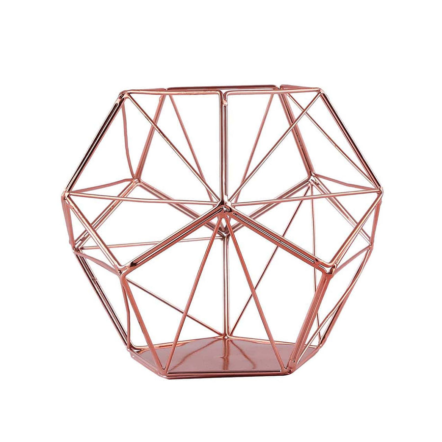 Rose Gold Metal Pentagon Prism Tealight Candle Holder, Open Frame Geometric Flower Stand#whtbkgd