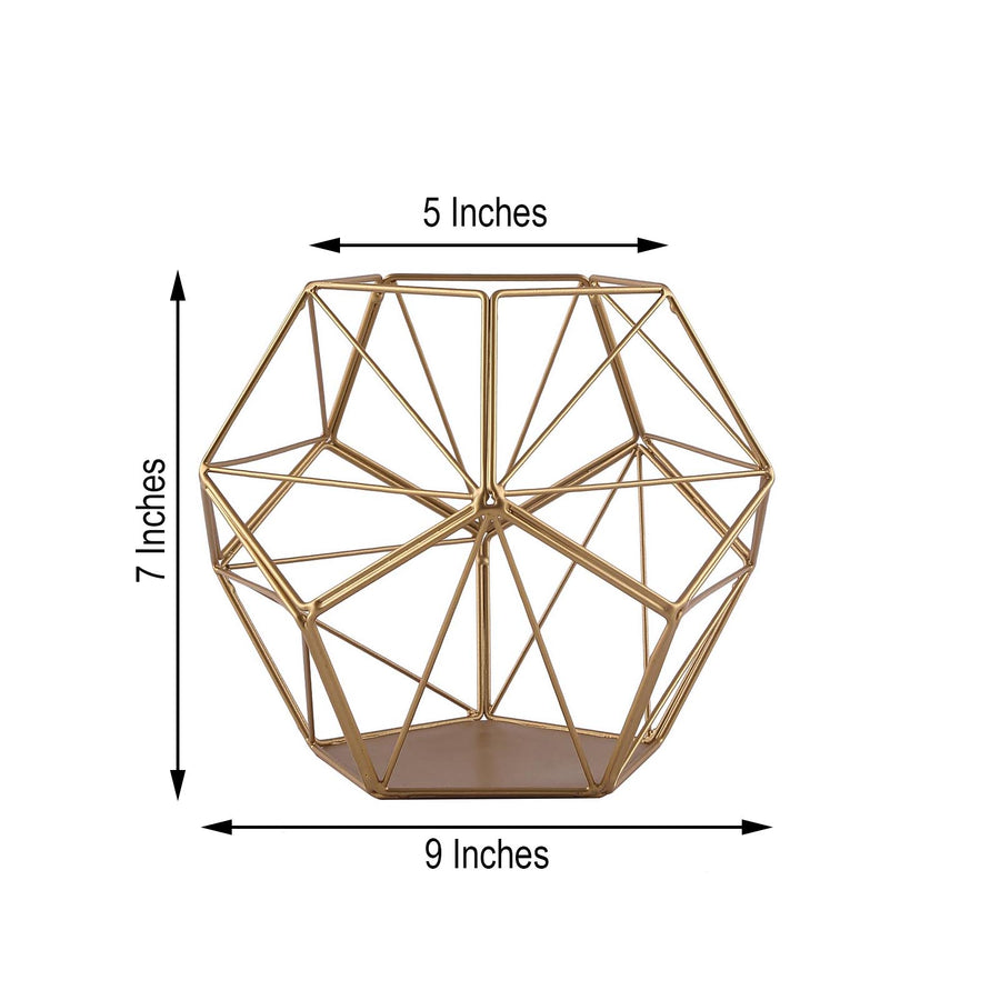7inch Gold Metal Pentagon Prism Tealight Candle Holder, Open Frame Geometric Flower Stand