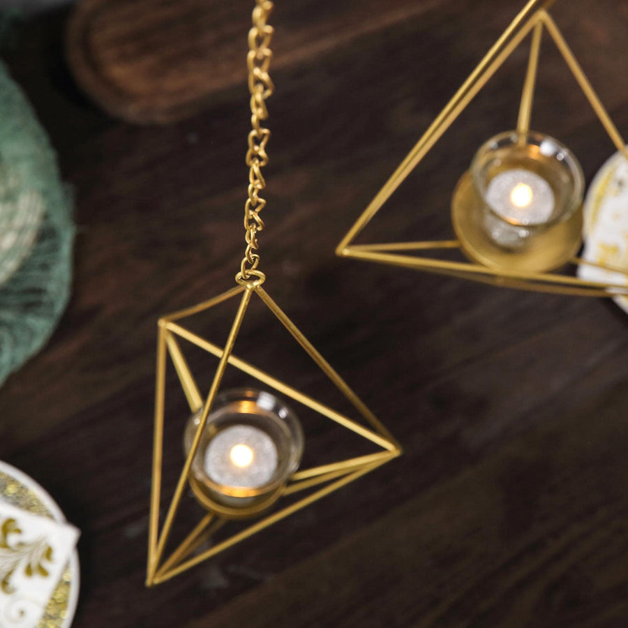 Gold Geometric Hanging Tealight Candle Holders, Diamond Open Frame Metal Terrarium Planters
