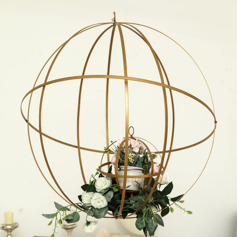 24inch Gold Wrought Iron Open Frame Centerpiece Ball, Candle Holder Floral Display Hanging Sphere