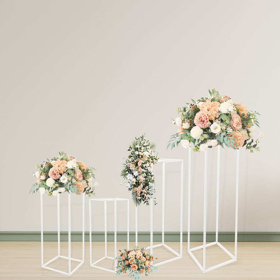 2 Pack | 40inch Glossy White Metal Wedding Flower Frame Stand, Geometric Column Prop Centerpiece