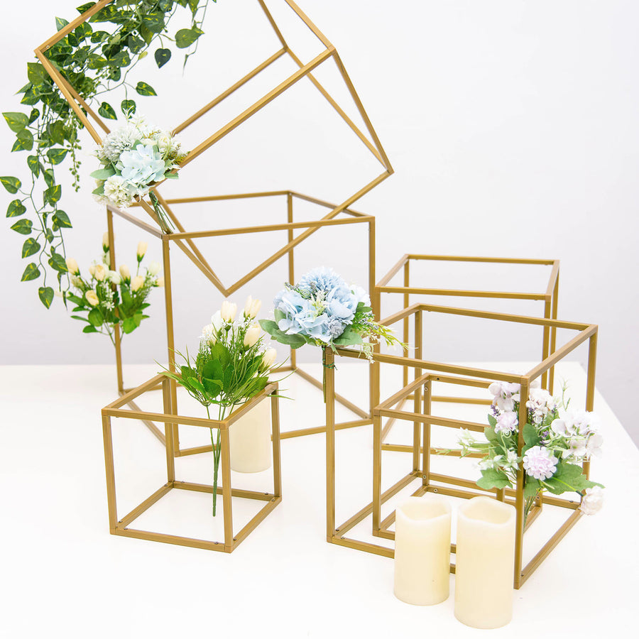 2 Pack | 24inch Square Gold Metal Frame Wedding Flower Stands, Geometric Centerpieces