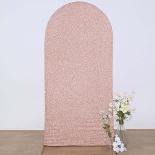 7ft Rose Gold Shimmer Tinsel Spandex Chiara Backdrop Stand Cover For Fitted Round Top Wedding Arch