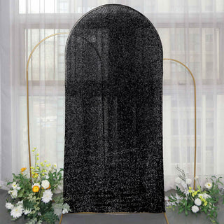 Elevate Your Wedding Decor with the 7ft Black Shimmer Tinsel Spandex Chiara Backdrop Stand Cover