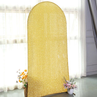 Elevate Your Event Decor with the 7ft Gold Shimmer Tinsel Spandex Chiara Backdrop Stand Cover