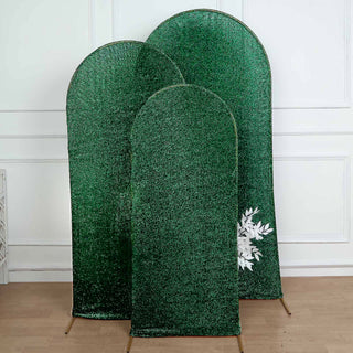 Elevate Your Wedding Arch with the Hunter Emerald Green Shimmer Tinsel Spandex Chiara Backdrop Stand Cover