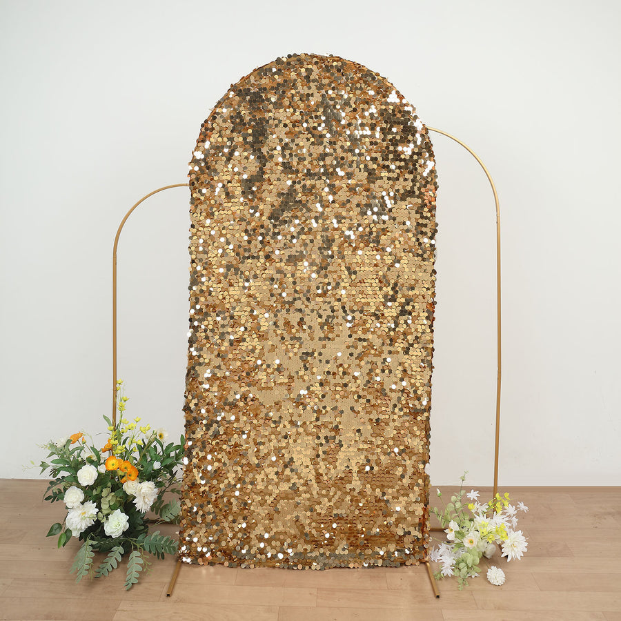 7ft Sparkly Gold Double Sided Big Payette Sequin Chiara Backdrop Stand Cover For Fitted Round Top