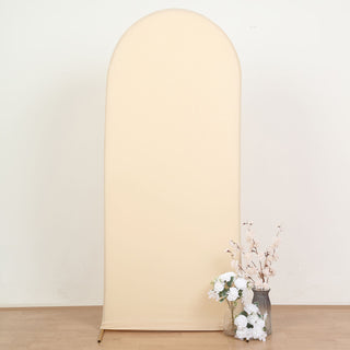 Elegant and Versatile: 6ft Matte Beige Spandex Fitted Chiara Backdrop Stand Cover for Round Top Wedding Arch