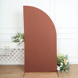 Transform Your Wedding Arch with the 7ft Matte Terracotta (Rust) Spandex Half Moon Chiara Backdrop Stand Cover