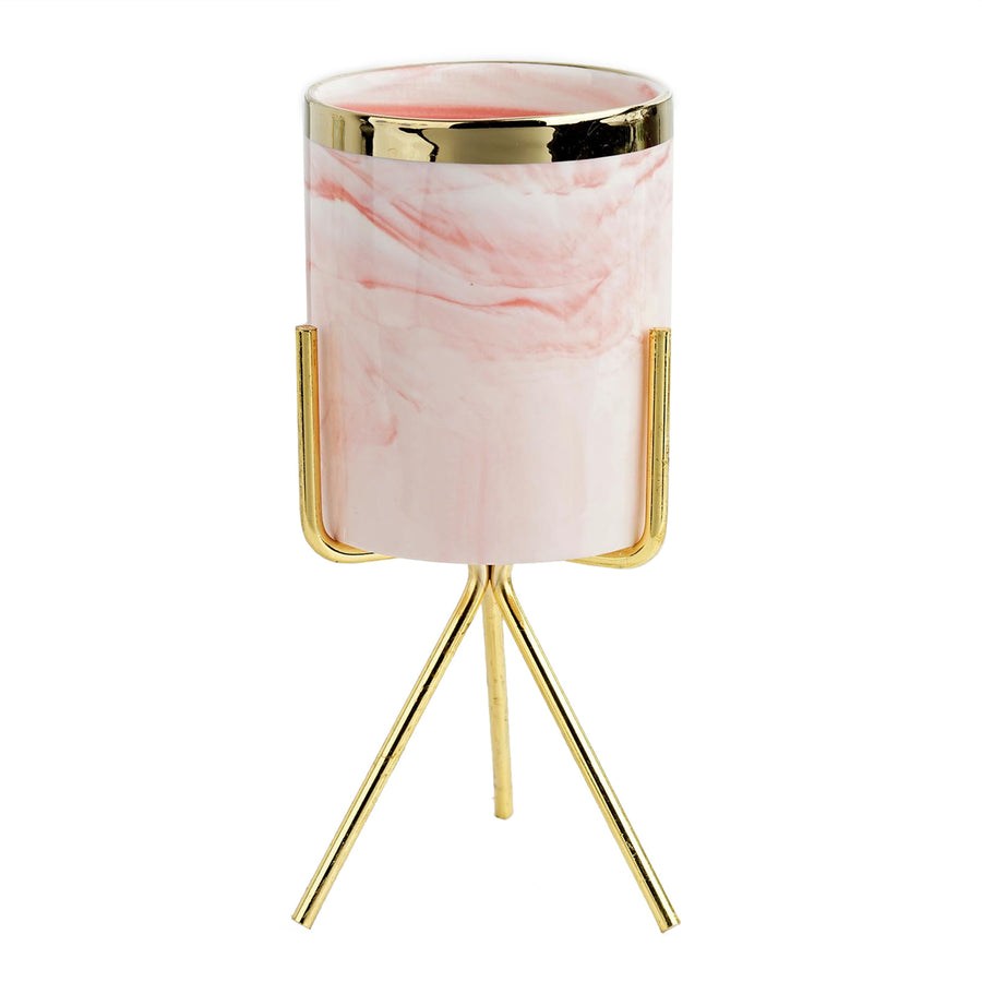 8" Pink | White Marble Swirl Ceramic Flower Pot Succulent Planter with Metal Gold Stand #whtbkgd