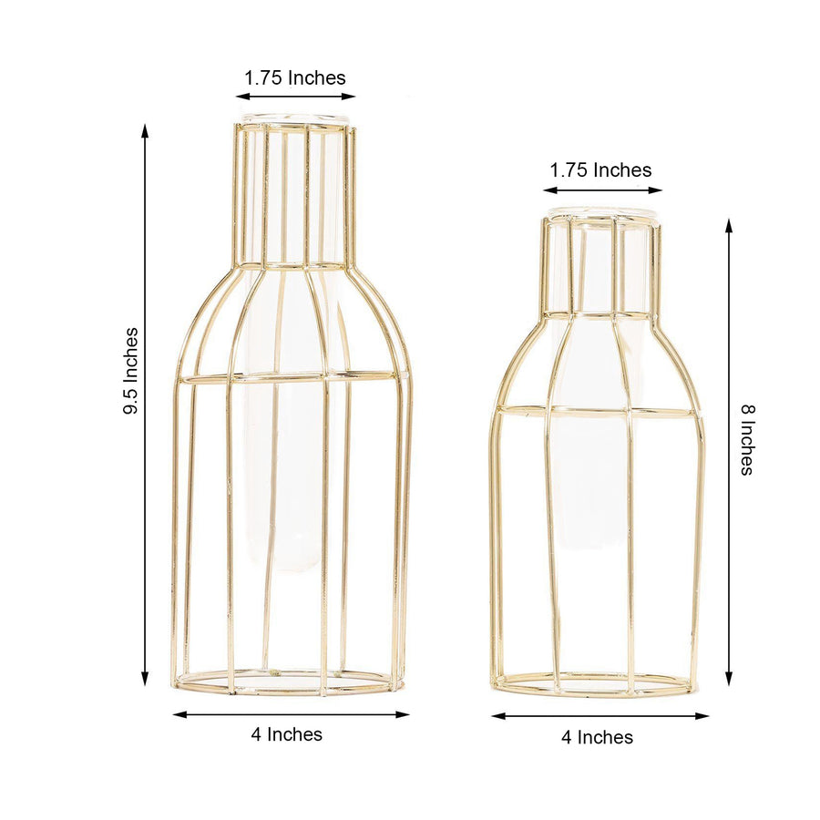 Set of 2 | Bottle Shaped Gold Metal Frame Test Tube Bud Vases, Geometric Glass Wedding Centerpieces