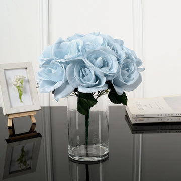 12" Ice Blue Artificial Velvet-Like Fabric Rose Flower Bouquet Bush
