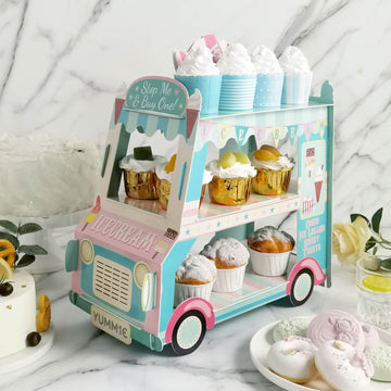 16" 3-Tier Ice Cream Truck Cardboard Cupcake Dessert Stand Tower, Double Decker Disposable Treat Display