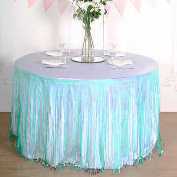 30"x9ft Iridescent Blue Metallic Foil Fringe Table Skirt, Self Adhesive Tinsel Table Skirt
